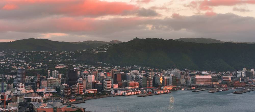View of Wellington city in the sunset.