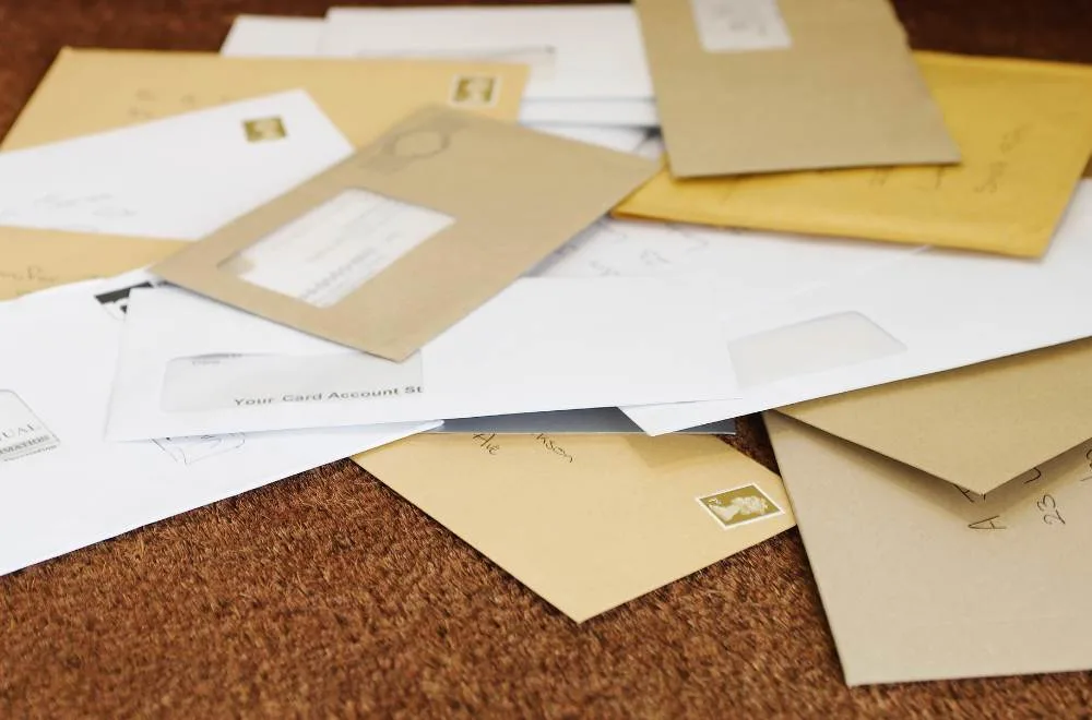 Envelopes are shown spread out on a surface.
